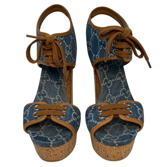 Gucci Double GG Logo Canvas Platform Sandal EU 38 US 8 Blue Slingback High Heel - Picture 2 of 11